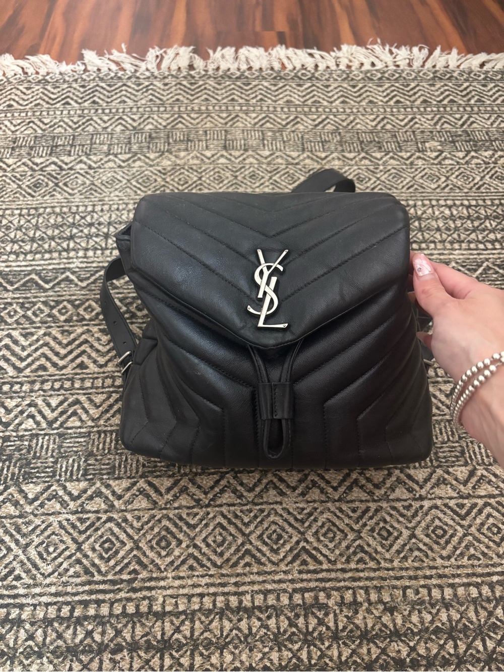 Saint Laurent Black Quilted Leather Backpack with Silver YSL Emblem